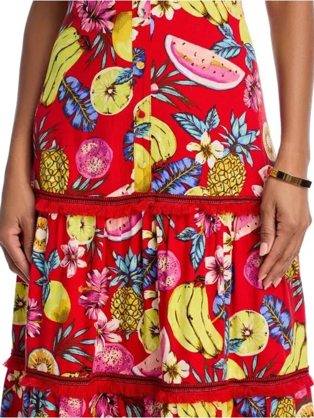 Aqua Red Tropical Fruit Tiered Maxi Dress